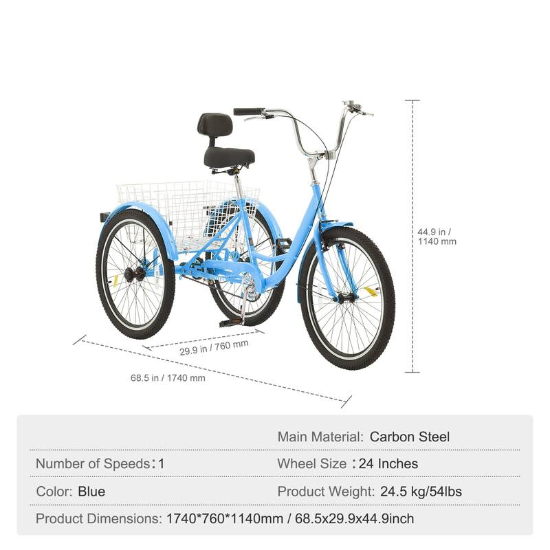 Blue Carbon Steel Adult Tricycle with Large Basket and Adjustable Height - 68.5” L x 29.9” W x 44.9” H
