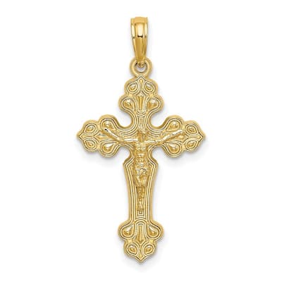 Curata 10k Yellow Gold 18" Elegant Crucifix on Budded Curved Cross Necklace - 16mmx29.5mm