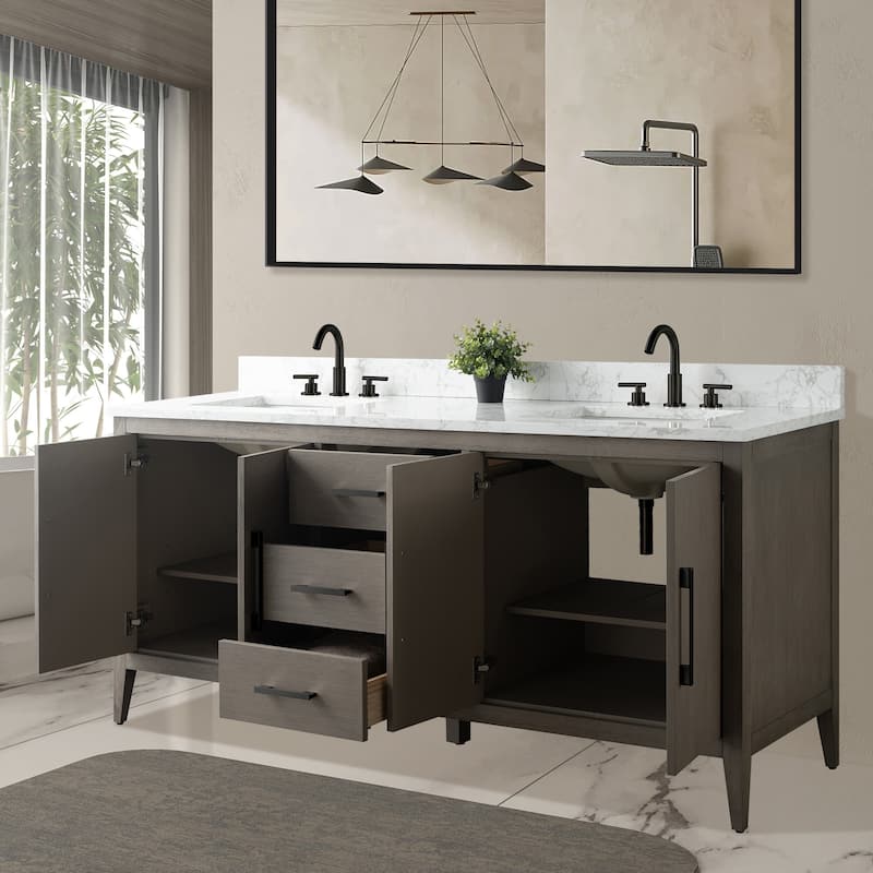 Vanity Art 72" Double Sink Bathroom Vanity Cabinet with Engineered Marble Top