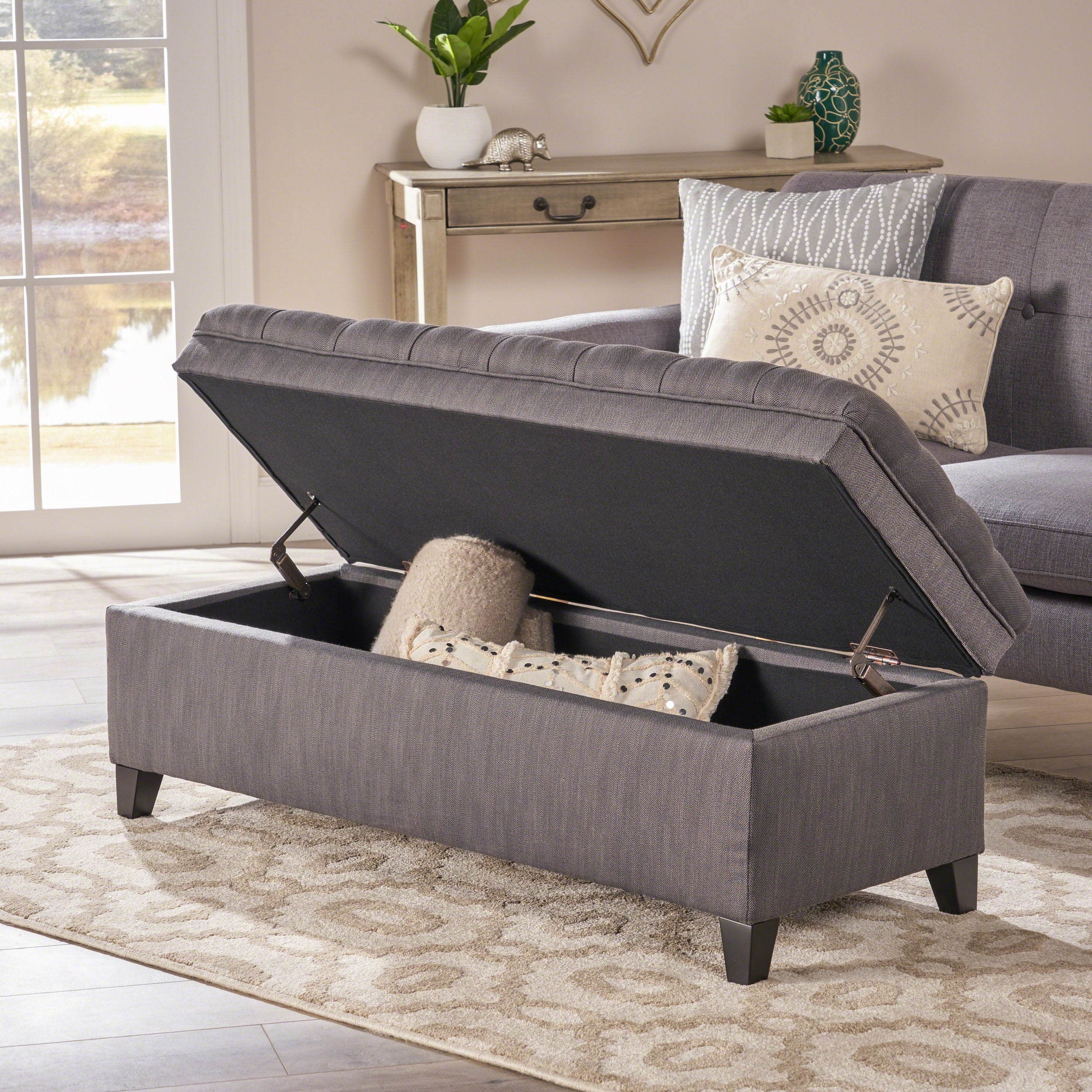 Upholstered Storage Ottoman Bench with Button Tufted Lid, Grey Fabric Chest for Living Room Bedroom