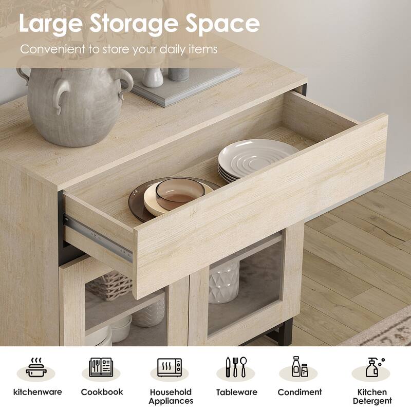 4 in 1 Multifunctional Sideboard Buffet with Glass Doors & 5 Drawers, Modern Credenza with Adjustable Shelf and Metal Base