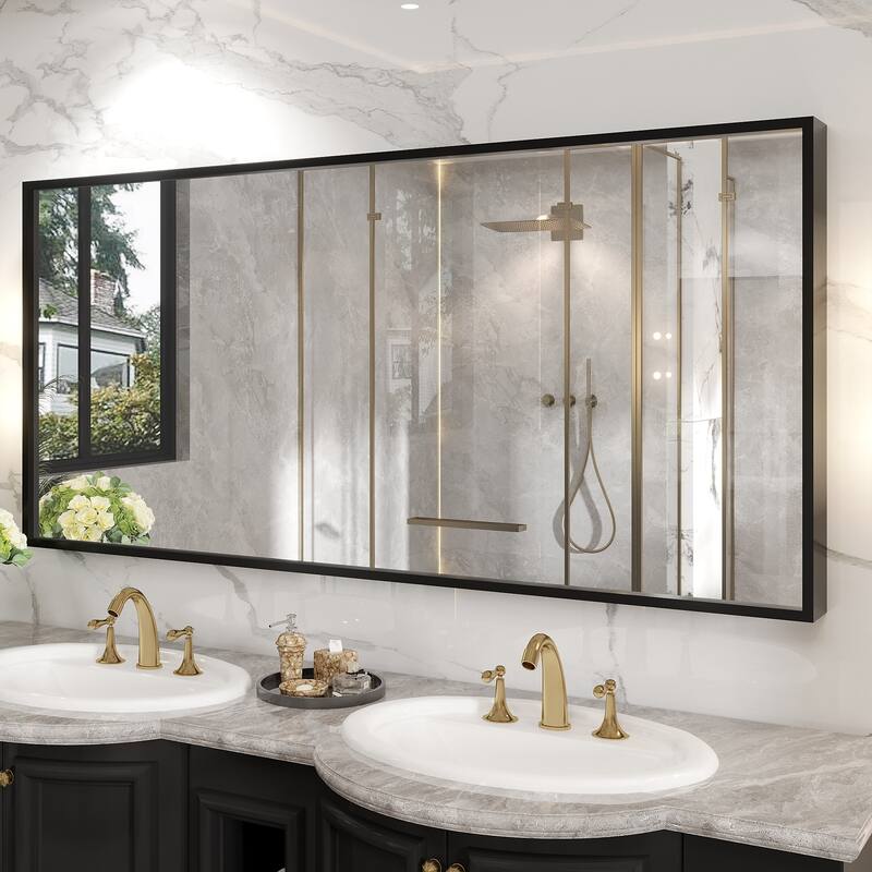 Tempered Glass and Metal Framed French Cleat Mounted Wall Bathroom / Vanity Mirror - 60" x 28" - Black