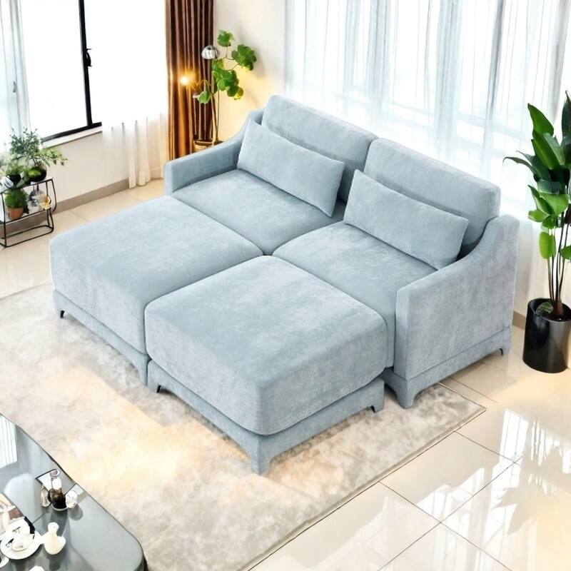 Modern Chenille 4-Seater Sofa with 2 Ottoman, Lumbar Cushions, Ergonomic Backrest, High-Resilience Spongeand Tufted Armrests - 2 Seater with 2 Ottoman Blue
