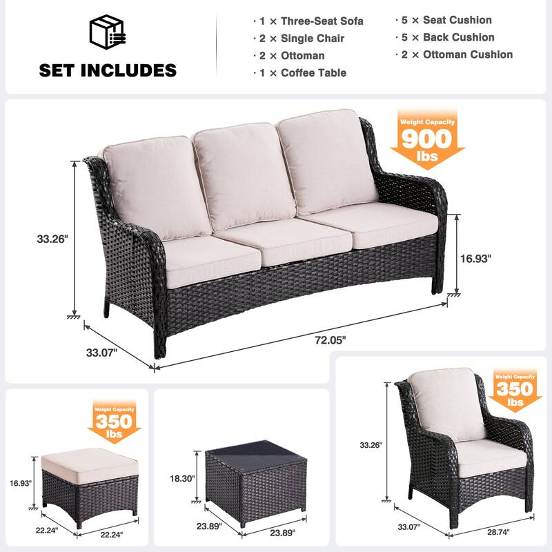 OVIOS 6-piece Patio Conversation Wicker Set with Glass Top Table