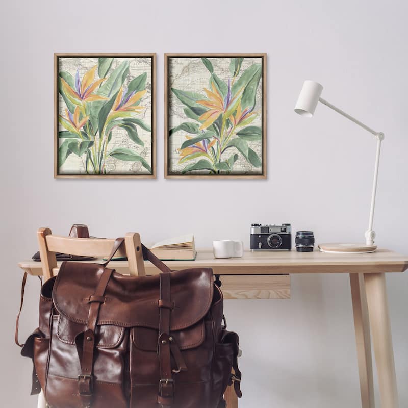 Stupell Flowers over Vintage Map Framed Floater Canvas Wall Art Design By June Erica Vess (Set of 2)