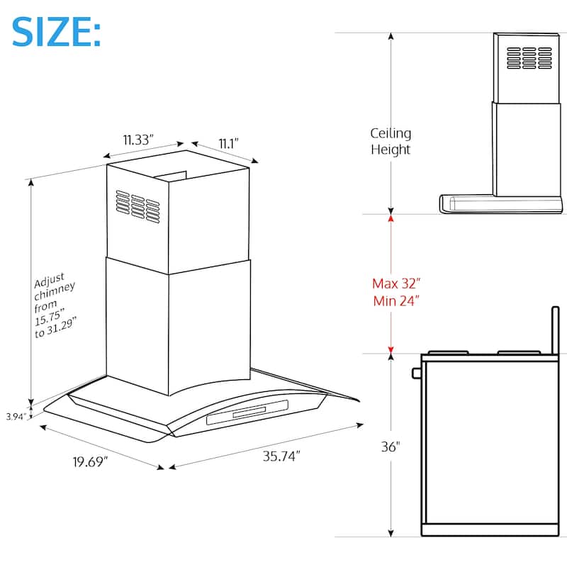 HisoHu 30/36 Inch Vent Wall Mount Range Hood 780 CFM Stainless Steel