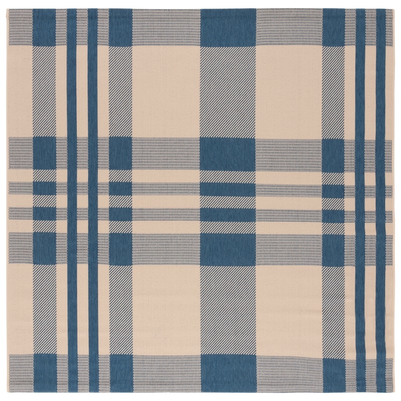 SAFAVIEH Courtyard Oriole Plaid Indoor/ Outdoor Waterproof Patio Backyard. - 6'7" Square - Beige/Blue