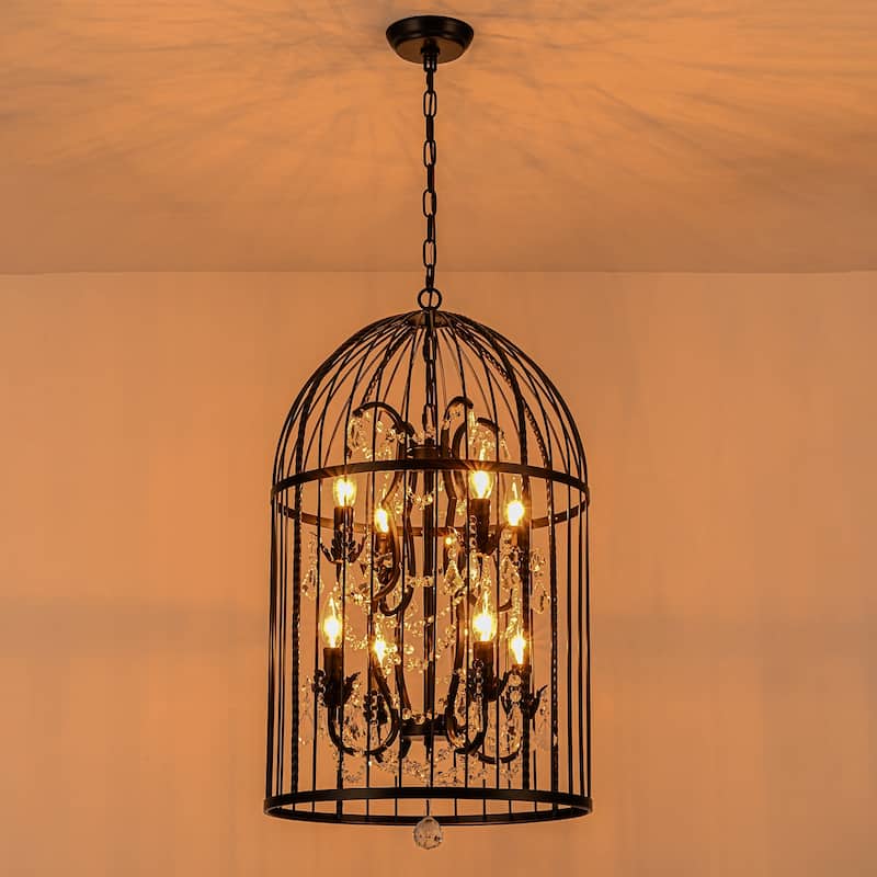 Vintage Industrial Birdcage Crystal Chandelier with Black Metal Cage and Crystal Accents - W17.72"