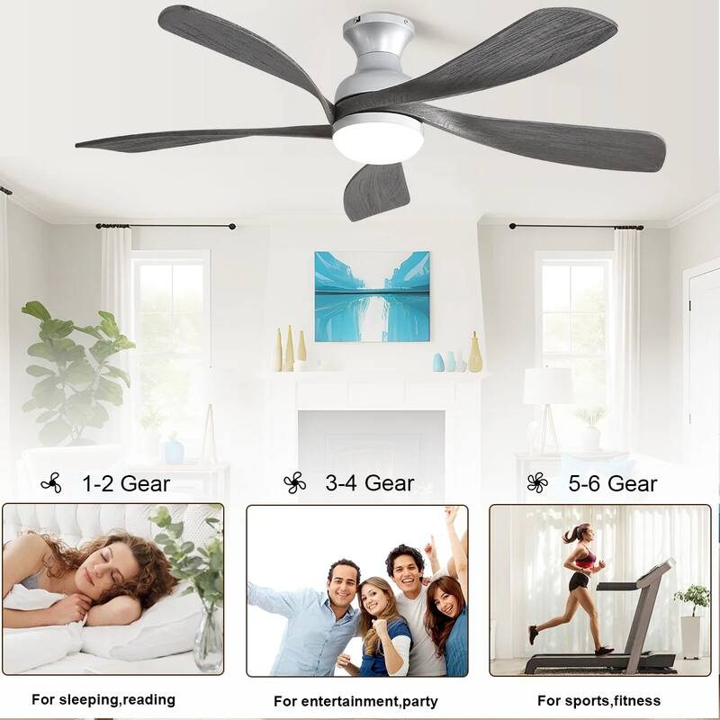 52 Inch Flush Mount Smart Ceiling Fan with Light, APP and Remote Control, Low Profile - 52 inch