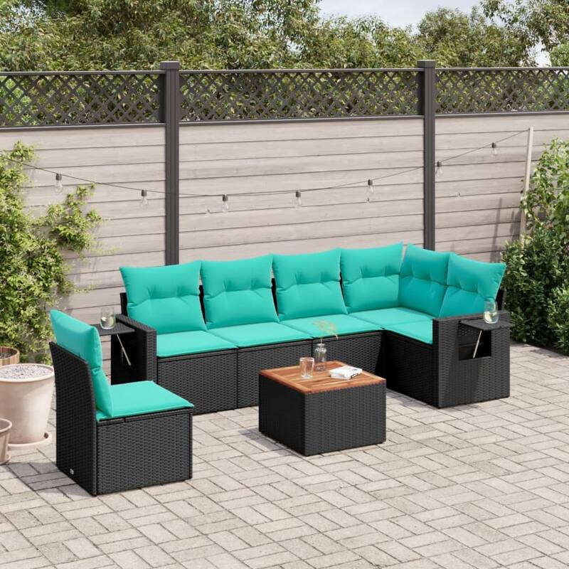 vidaXL 7 Piece Patio Sofa Set with Cushions Black Poly Rattan - 24.4x24.4x27.2-corner + 3x middle + Table