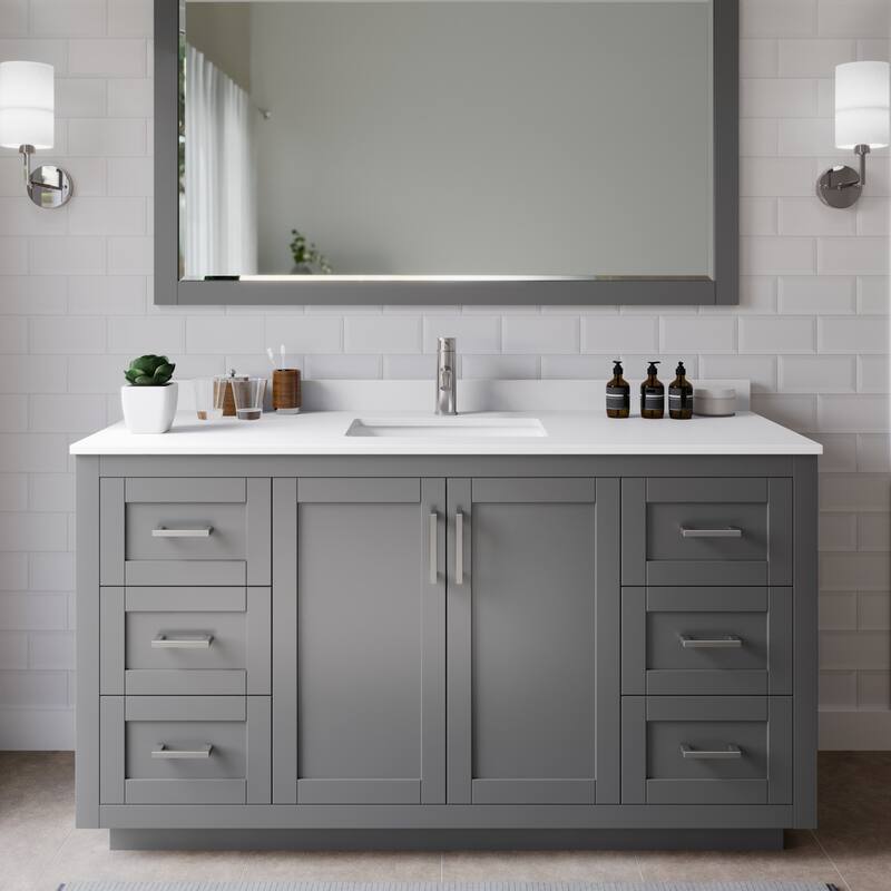 Wyndham Collection Miranda 60" Free Standing Single Basin Vanity Set - Dark Gray / White Cultured Marble Top / Brushed