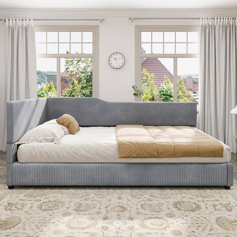Full Size L-Shaped Corduroy Daybed, Upholstered Sectional Sofa Bed for Guest Room - Grey - Full