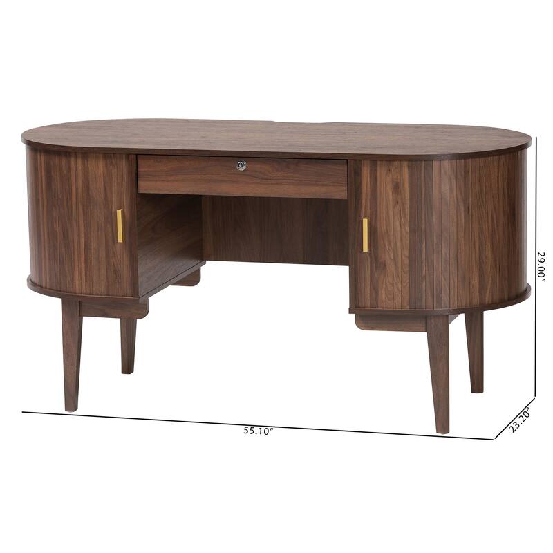 Hayes Wood Writing Desk - Mid-Century Modern Oval Desk with Locking Drawer and Sliding Tambour Doors for Office or Home