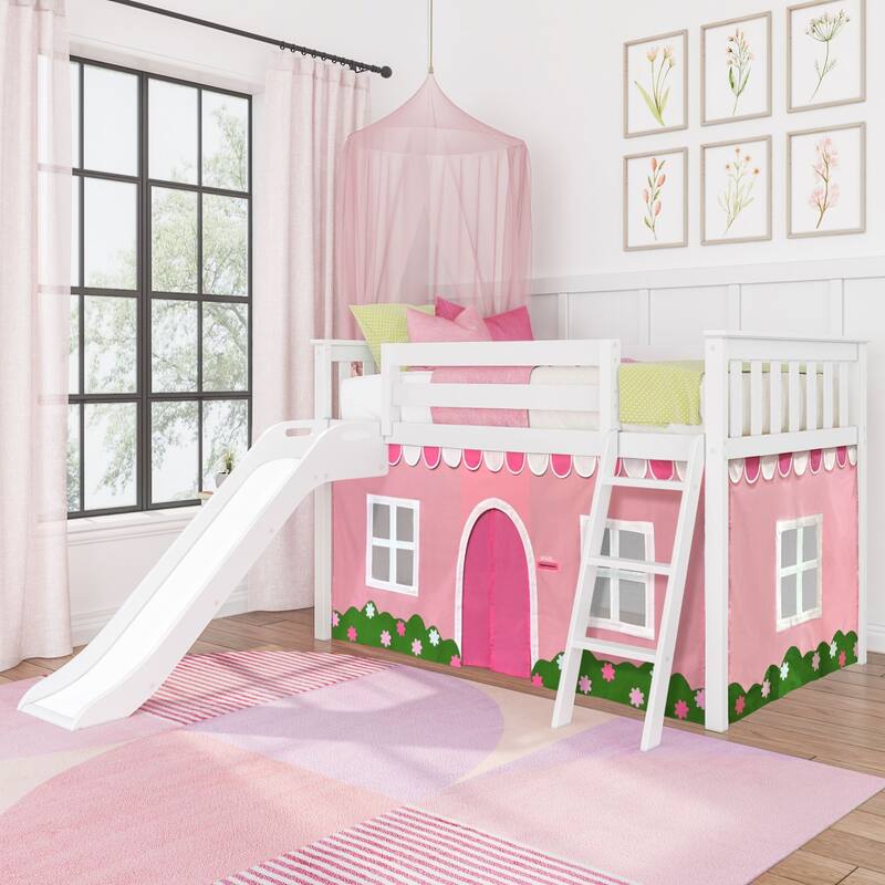 Max and Lily Classic Twin-Size Low Loft with Easy Slide and Curtain - White
