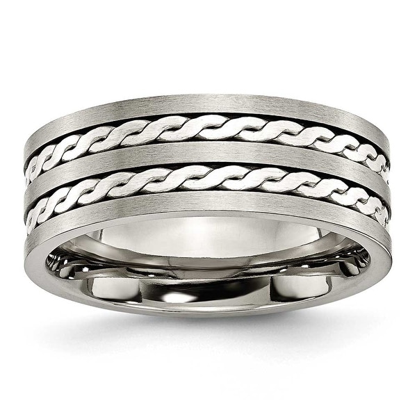 Chisel Sterling Silver Inlay Brushed and Antiqued Titanium Ring (8.0 mm)