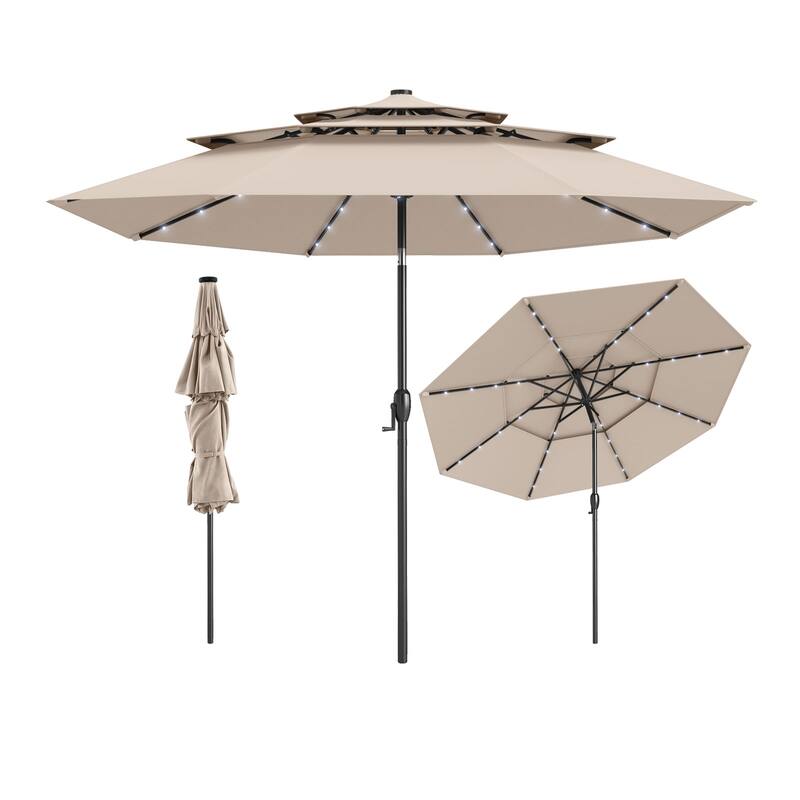 Polyester 10.3ft Solar LED Patio Umbrella with Auto Tilt and Crank