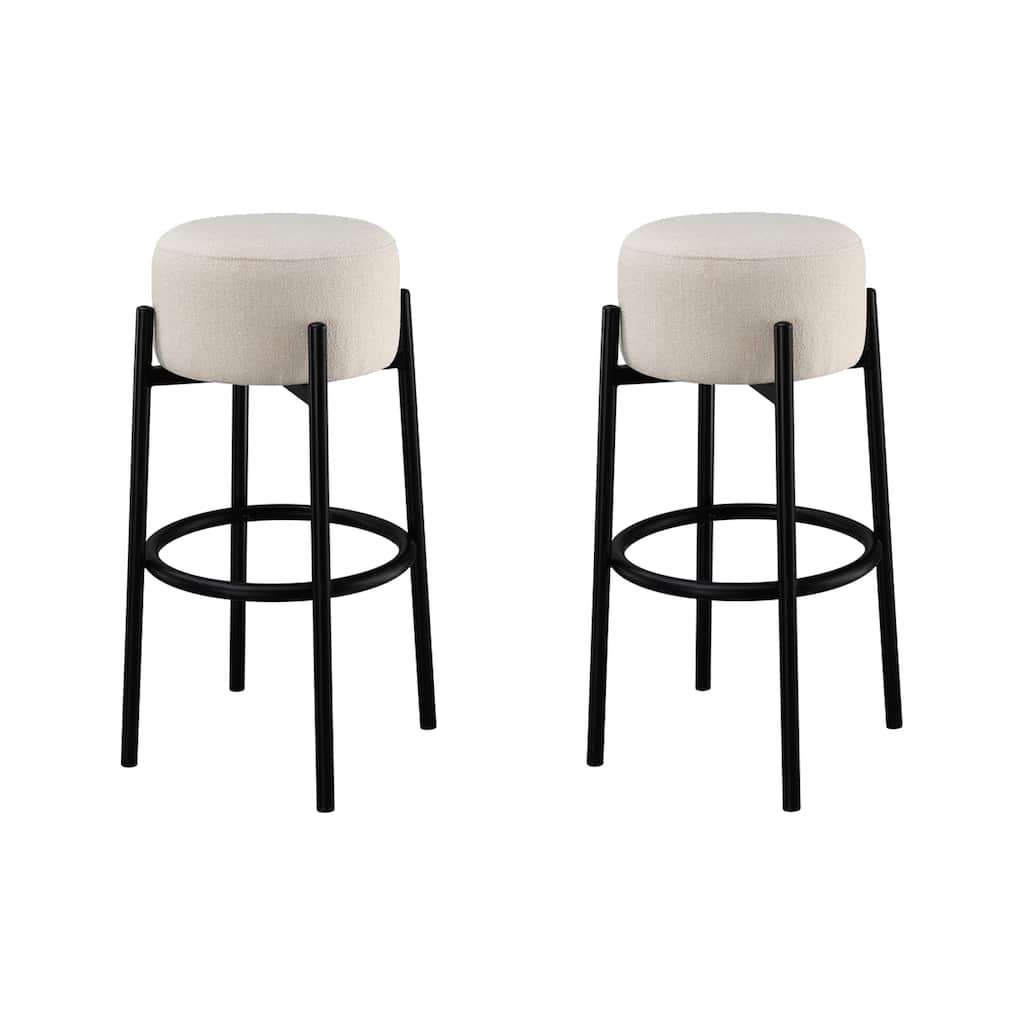 Set of 2 Upholstered Backless Metal Round Bar Stools in White and Black