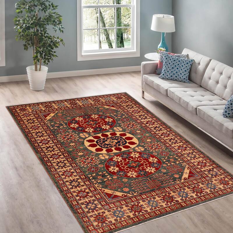 Caucasian Super Kazak Bryson Green/Beige Hand Knotted Wool Rug - 6'10'' x 9'6''
