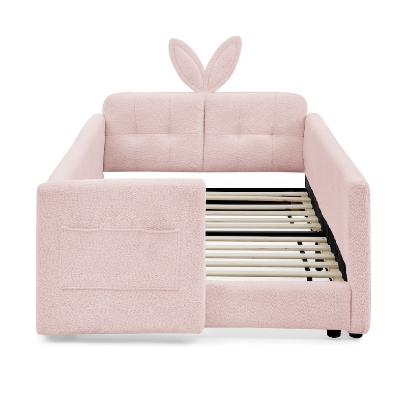 Twin Size Platform Bed Upholstered Bed with Safety Rail and Pocket, Kids Bed with Rabbit Ear, Skin-friendly Boucle Fabric