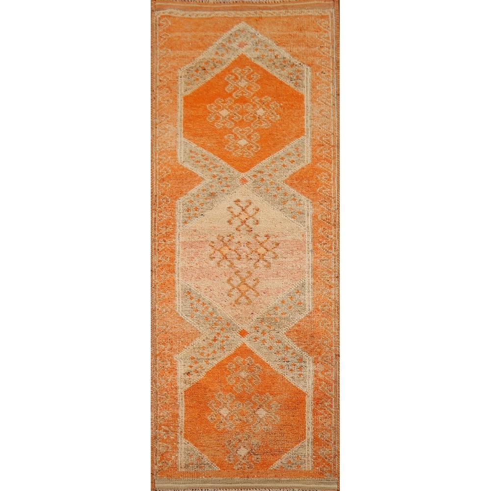 Orange Oushak Vintage Runner Rug Handmade Oriental Wool Carpet - 3'6"x 10'4"