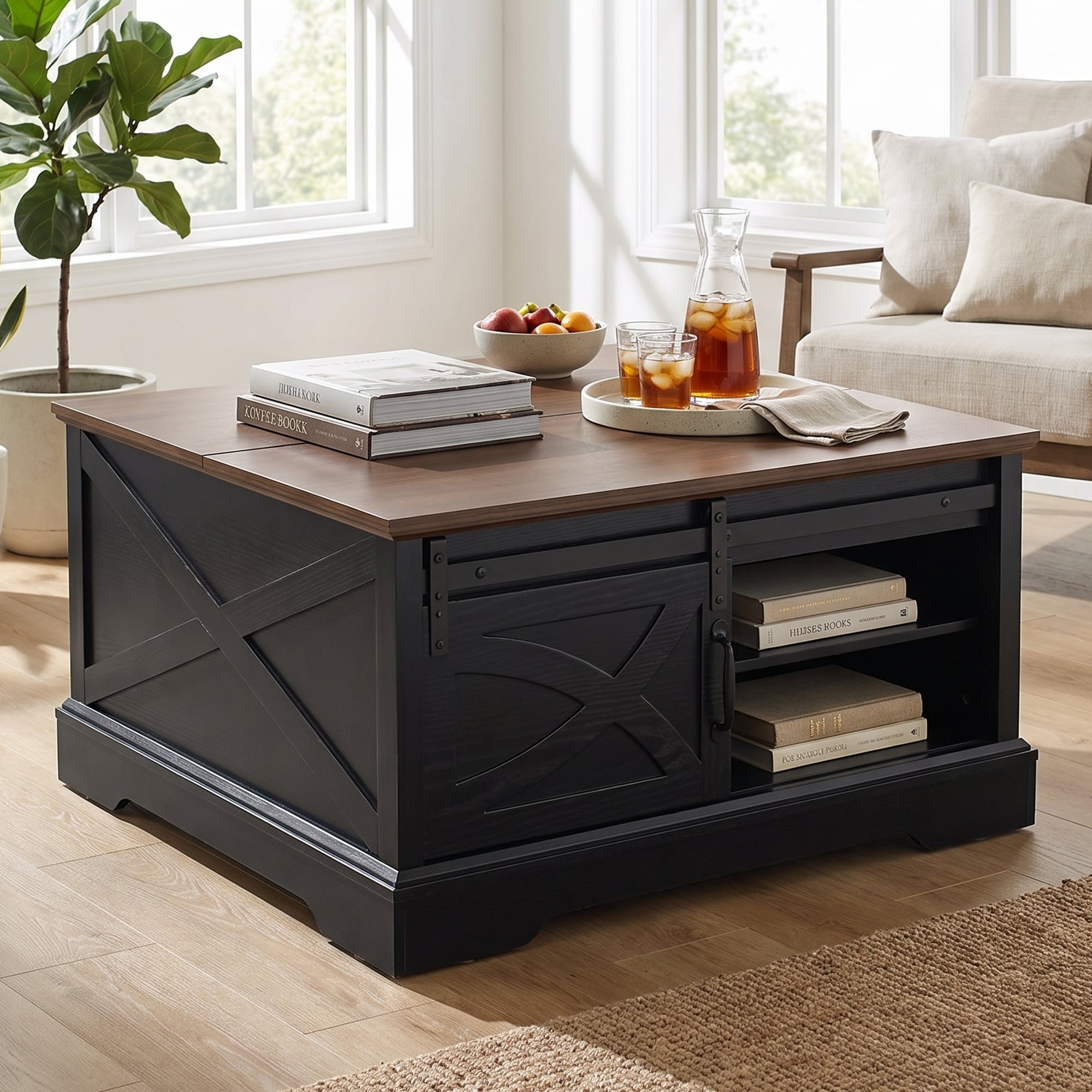 32" Farmhouse Black Solid Wood Sliding Barn Door Coffee Table with Open Storage Shelves