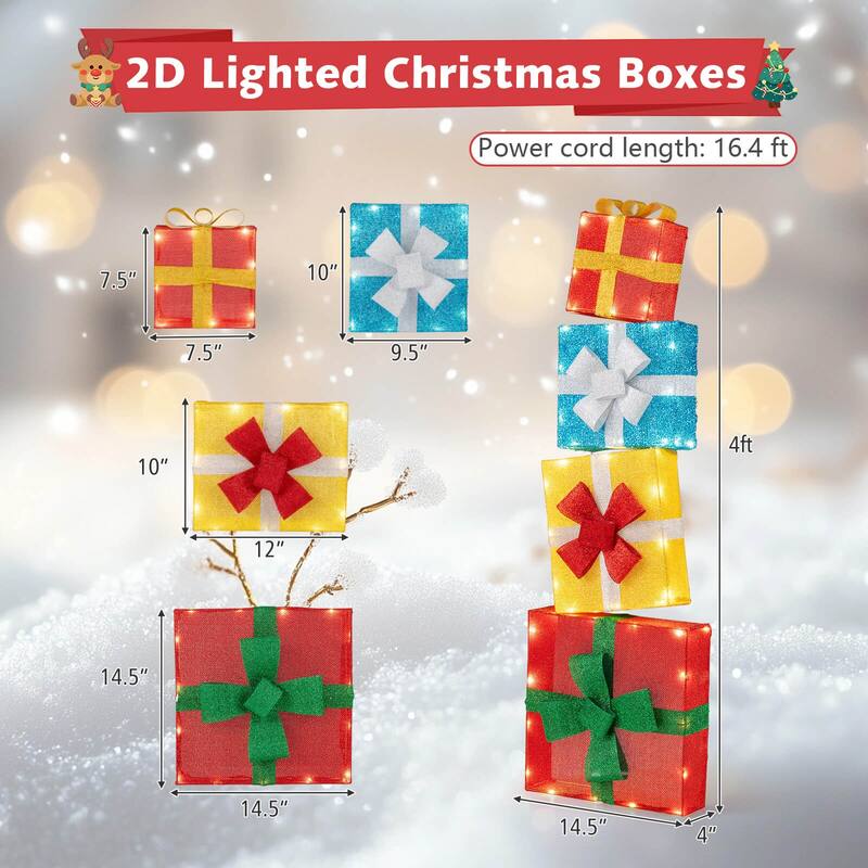 Costway 4 FT Stackable Holiday Present Boxes with LEDs and Bows for - as pic shows - See Details