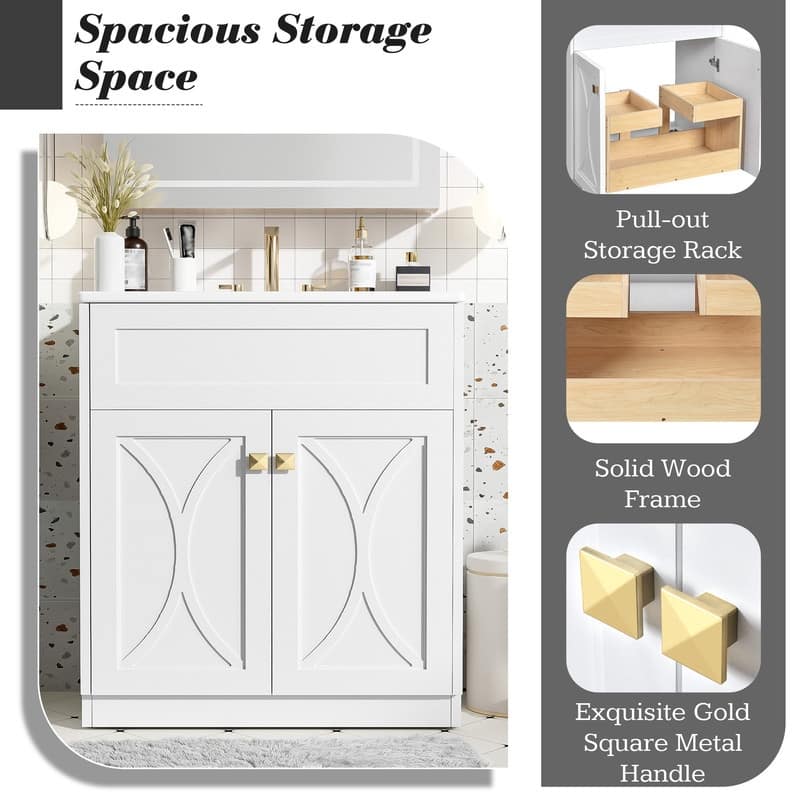 30'' Bathroom Vanity with Ceramic Sink Combo, Modern Freestanding Storage Cabinet with Gold Handles, Soft Closing Doors