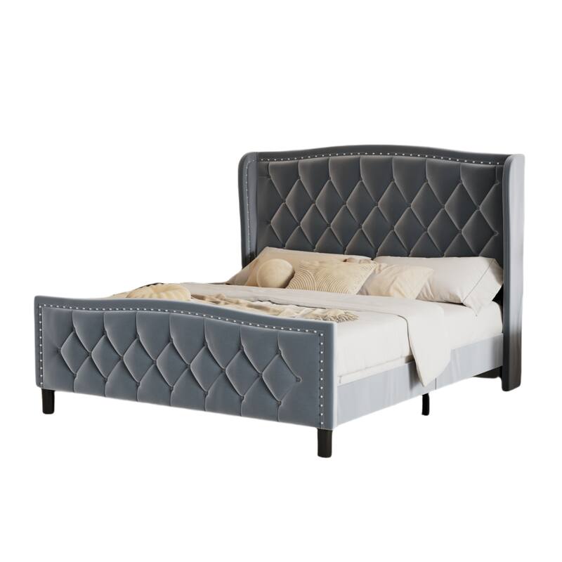 Full/Queen Size Upholstered Platform Bed Frame with Wingback Headboard