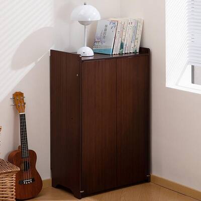 Walnut Brown Bamboo Folding Desk – Foldable Small Space Desk with Hidden Storage & Built-in Socket, Mid Century Table .