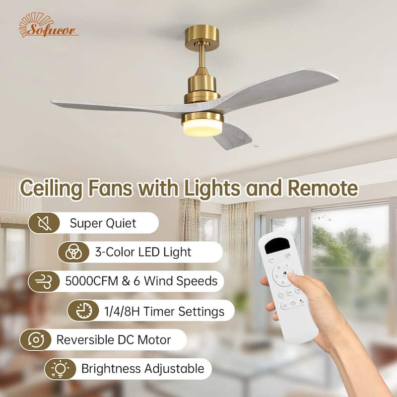 52" Solid Wood Noiseless 3-Blade Ceiling Fans with Dimmable LED Light Optional and Remote, 6-Speed Reversible DC Motor