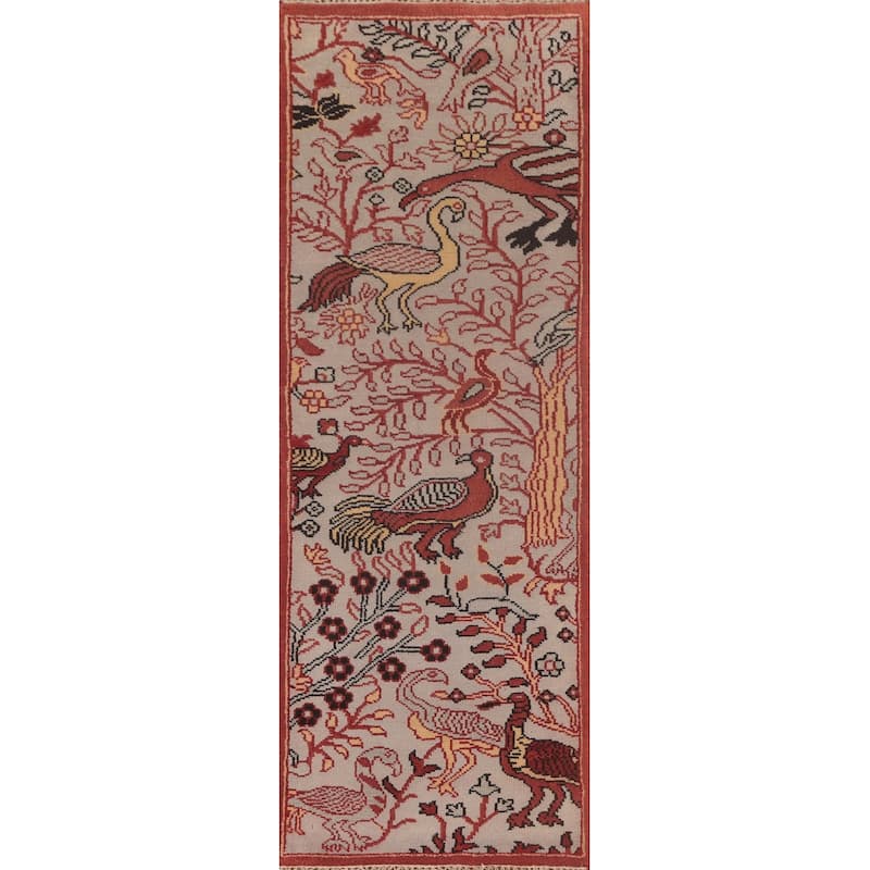 Animal Pictorial Ziegler Runner Rug Hand-Knotted Beige Wool Carpet - 2'6"x 8'1"