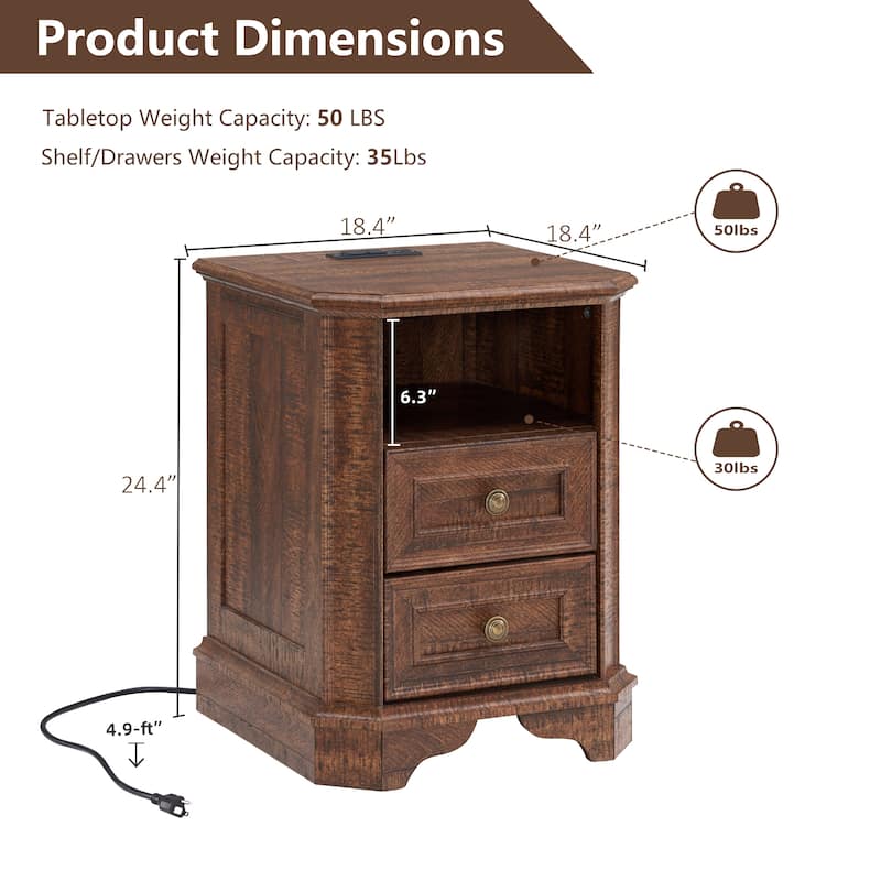 Farmhouse Nightstand Set of 2 with Charging Station, Beside Table