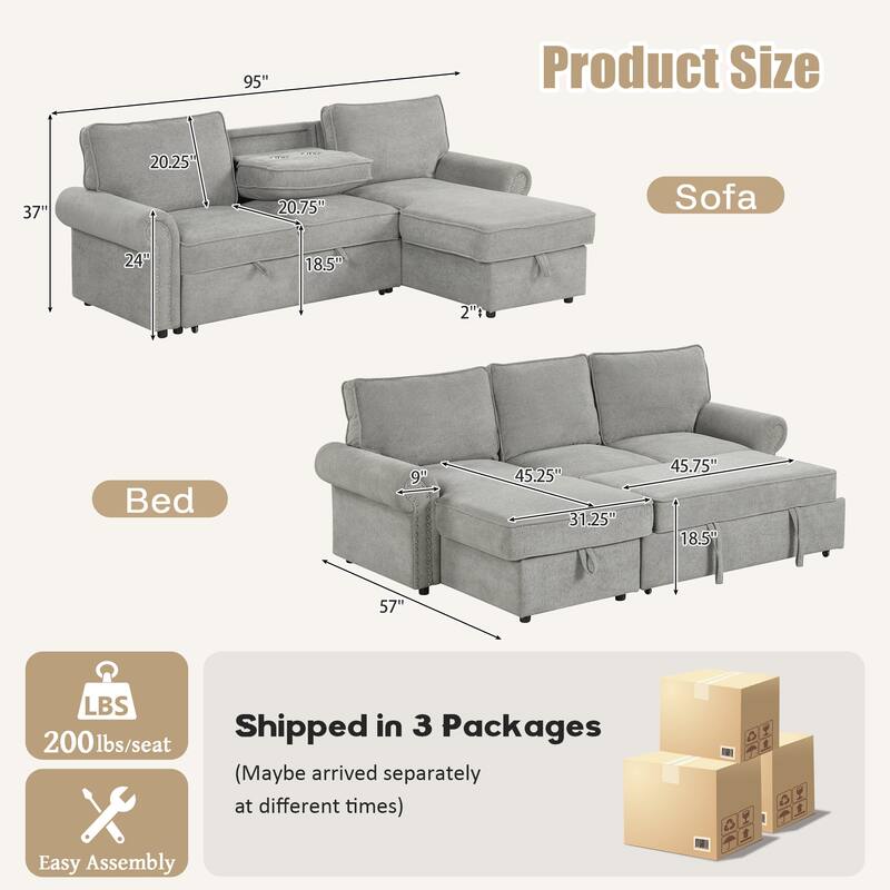 95" Convertible Sectional Sleeper Sofa with Storage Chaise, Pull-Down Tray & Cup Holders, Acacia Wood Frame (Polyester)