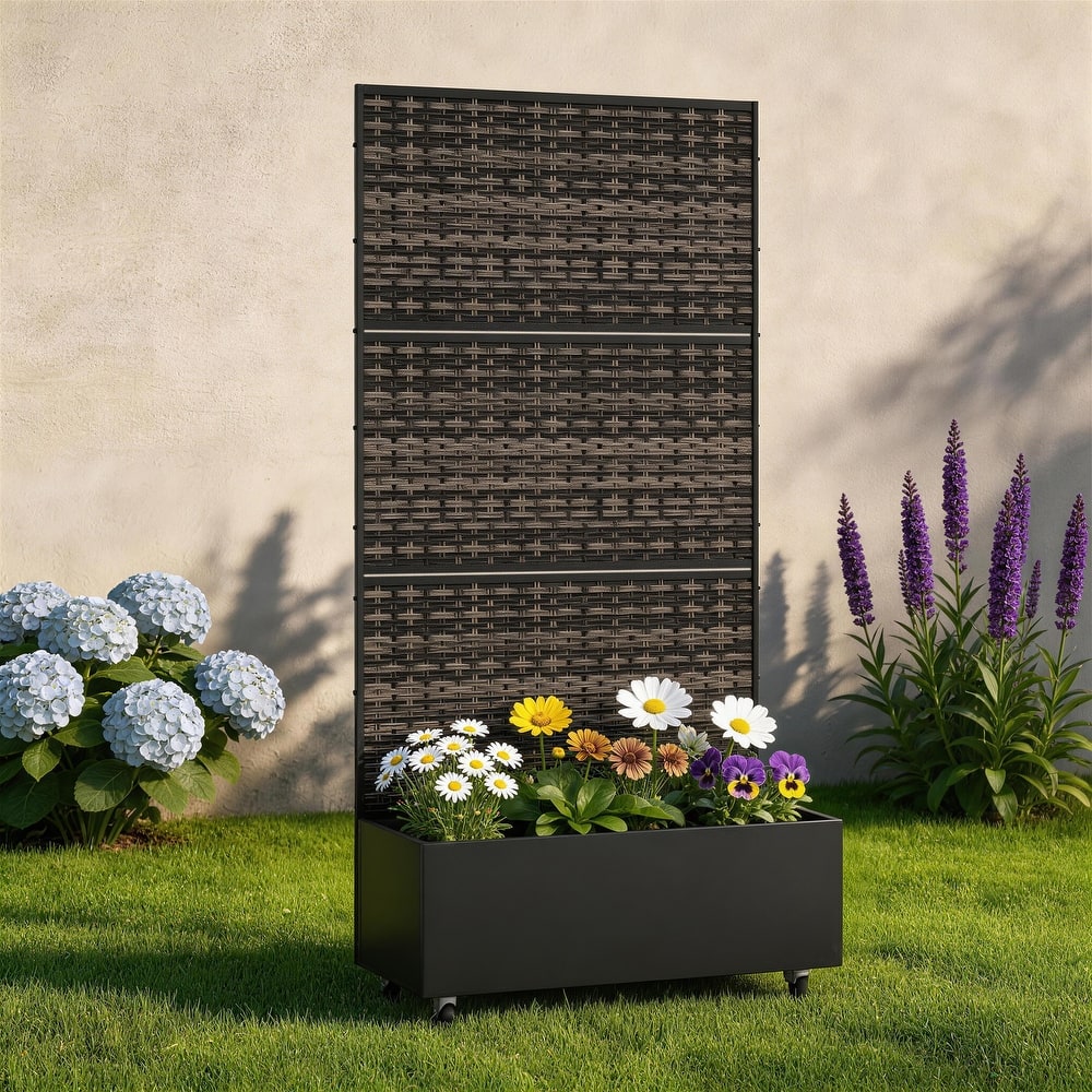 Rectangular Decorative Metal Privacy Screen with Planter Box Wheels