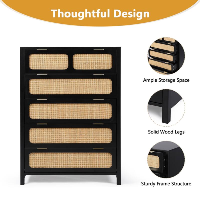 Wooden Rattan 5-Drawer Storage Cabinet Dresser