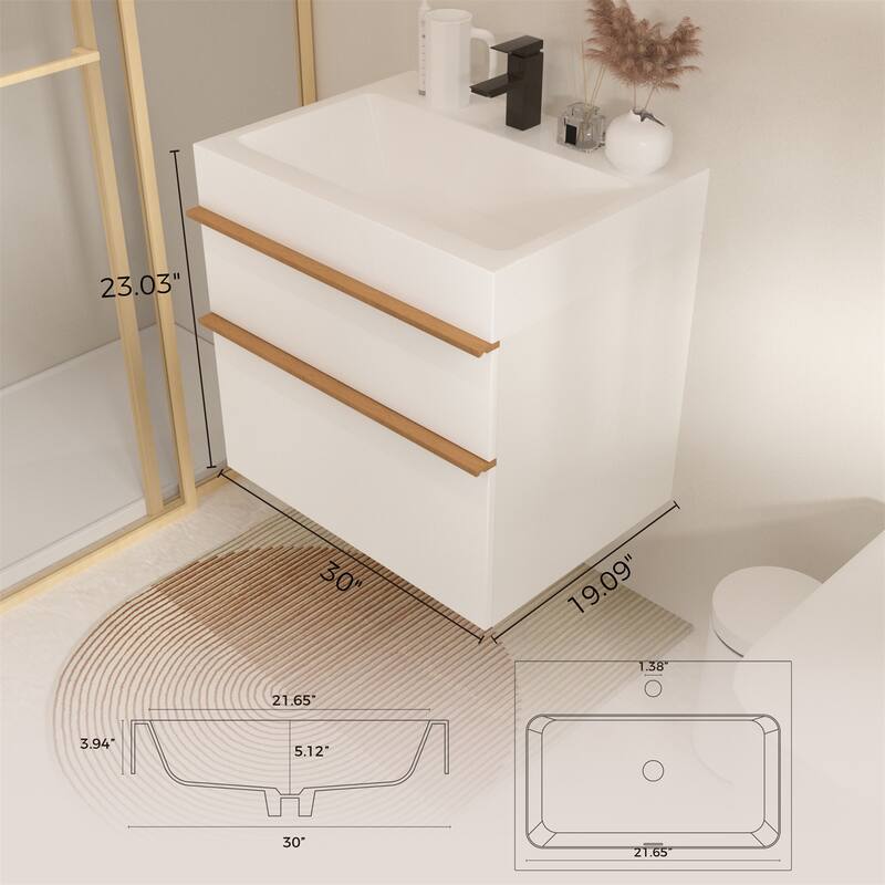30" Wall Mounted Bathroom Vanity with Integrated Acrylic Sink, 2 Soft-Close Drawers