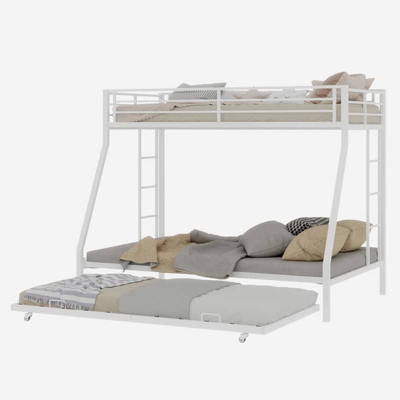 Modern Square Tube Bunk Bed with Ladder and Rolling Trundle Bed