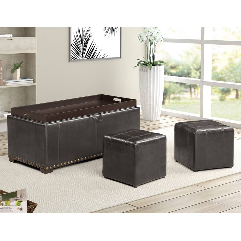 Leather Nailhead Storage Ottoman Bench Cube Set - Black