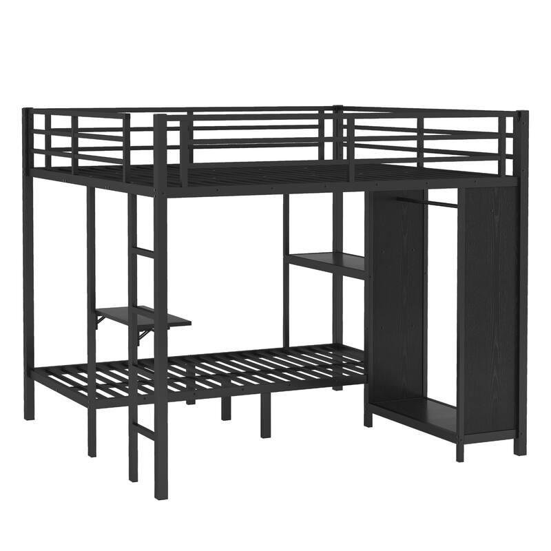 Roomfitters King over Twin XL Metal Bunk Bed with Built-in Wardrobe, Foldable Desk & Storage Space, Heavy-Duty Frame, Black