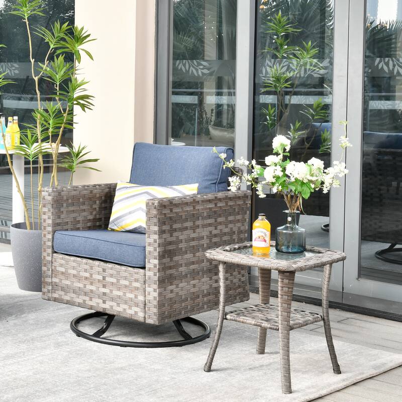 OVIOS 2-piece Swivel Rocking Wicker Chair Side Table Conversation Set - Denim-Blue.