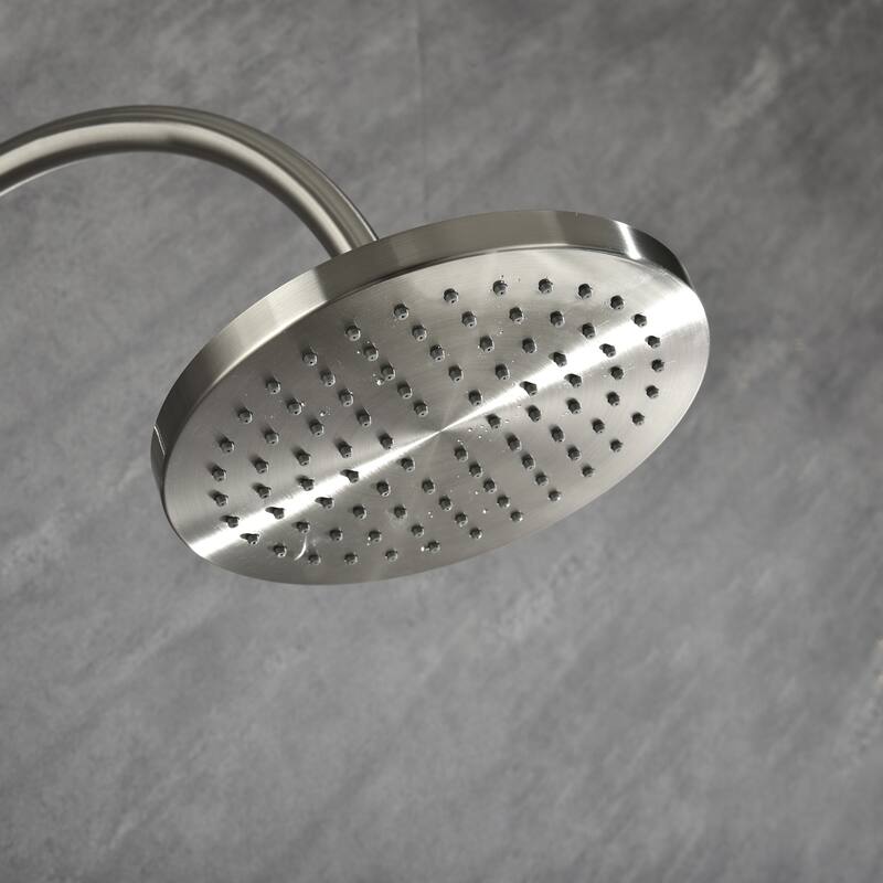 Riviera 8-in Rain Showerhead Shower System with 3-Body Jets Pivoting Shower Arm and Multi-function Handshower Brushed Nickel