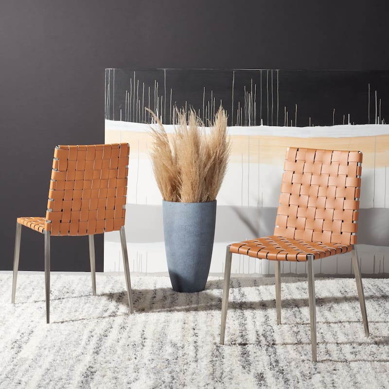 SAFAVIEH Monnie Woven Leather Dining Chair (Set of 2) - 15.8" W x 19.8" L x 33.5" H - 16Wx20Dx34H - Cognac/Silver