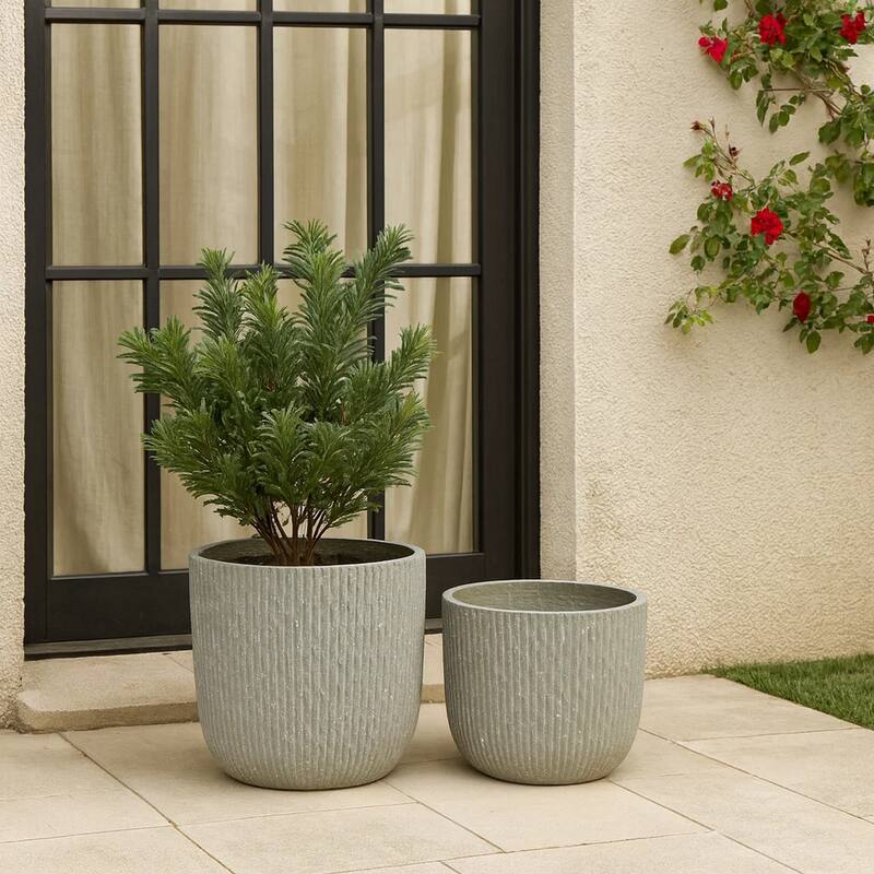 14 Inch Planter Set of 2, Drum Shape, Engraved Design, Textured Green
