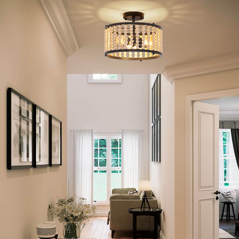 Starsky 3-light 12in. Bohemian Drum Ceiling Light Wood Bead Semi Flush Mount