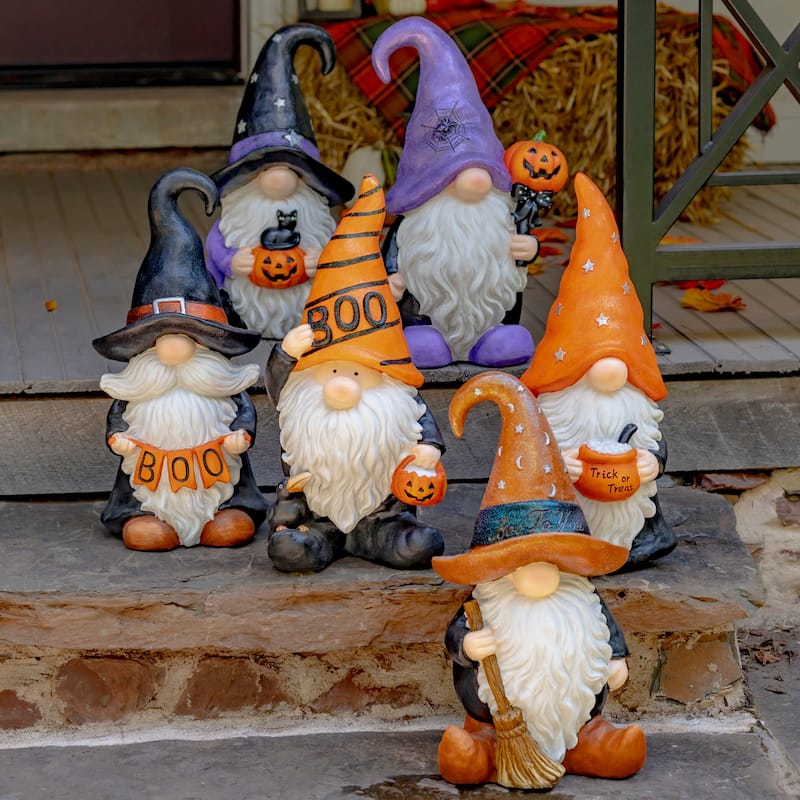 Halloween Gnome Witch Holding Jack-O-Lantern and Kitten