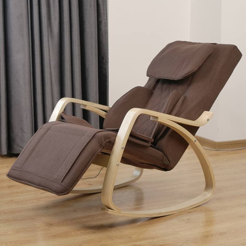 Brown Cotton Fabric Wood Reclining Rocking Chair with Massage and Heat - 51.2” D x 26” W x 36.2” H