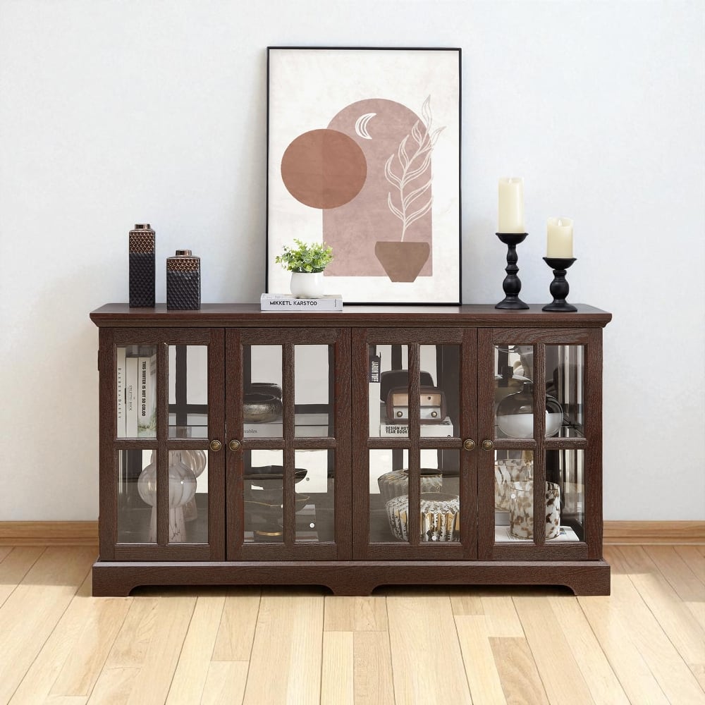 LED Antique Curio Display Cabinet with Glass Doors, Adjustable Shelves and Vintage 4-Door Design