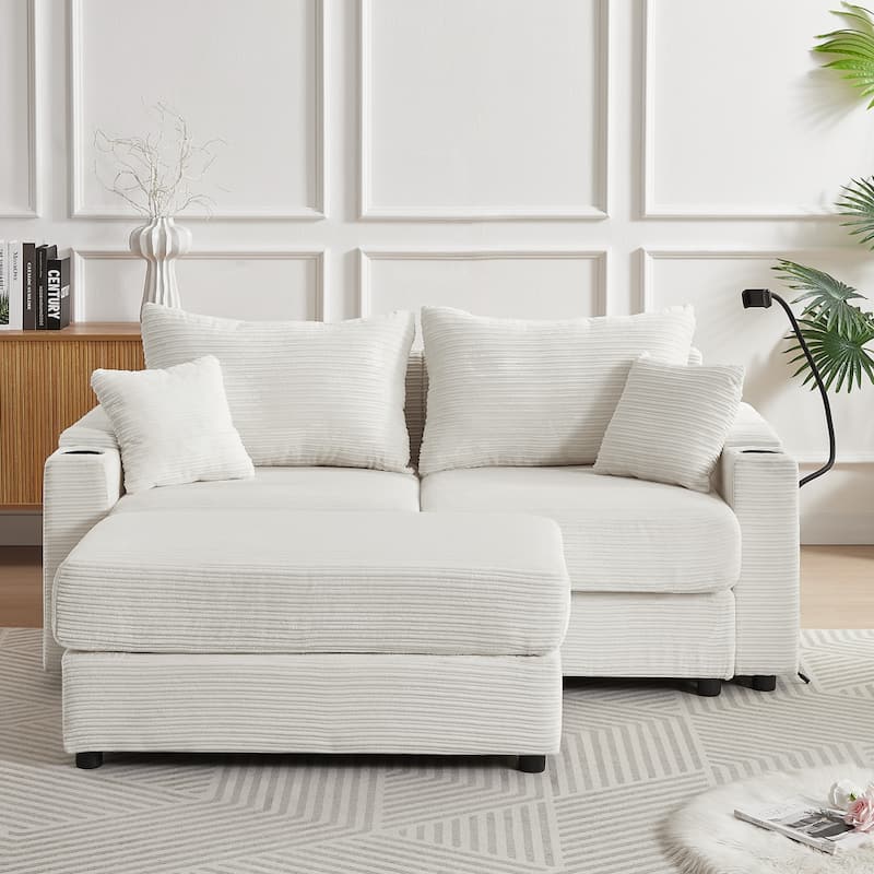 Modern Upholstered Sofa with A Movable Ottoman - Beige