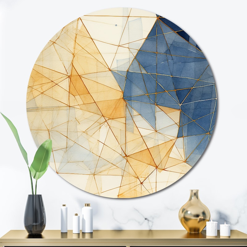 Designart "Minimalist Blue and Gold II" Abstract Shapes Metal Circle Wall Art