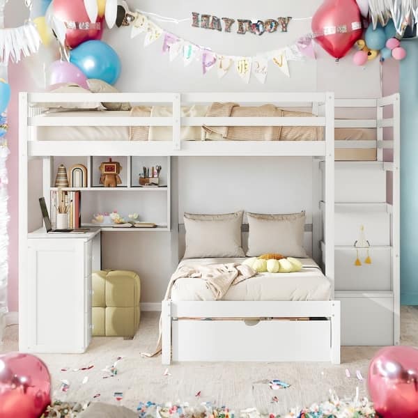 slide 2 of 36, Full Over Twin Bunk Bed with Desk, Drawers and Shelves,Multifunctional Loft Bed With Storage White
